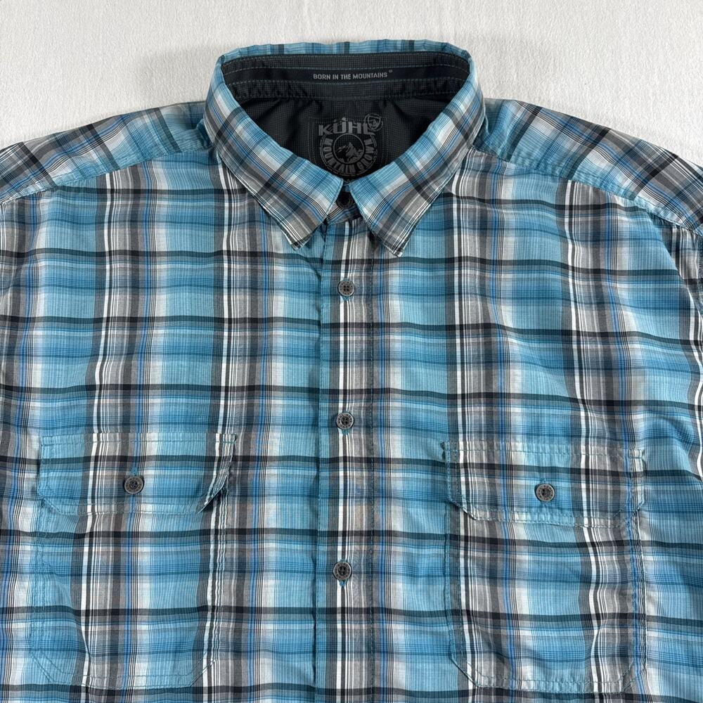 Kuhl Eluxur Men's Short Sleeve Blue Plaid Button Down Hiking Shirt Size XXL